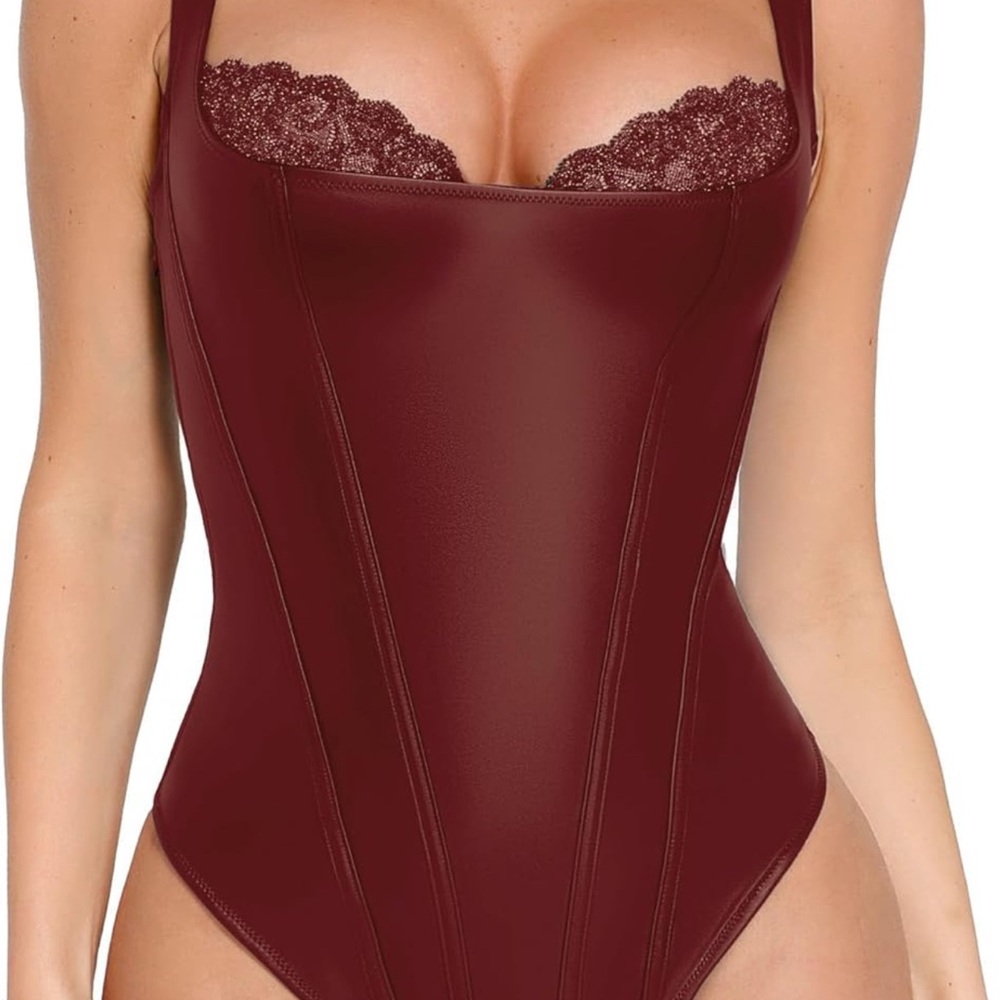 Popilush Shapewear Faux Leather Lace Balconette Sculpting Bodysuit jujube red XL